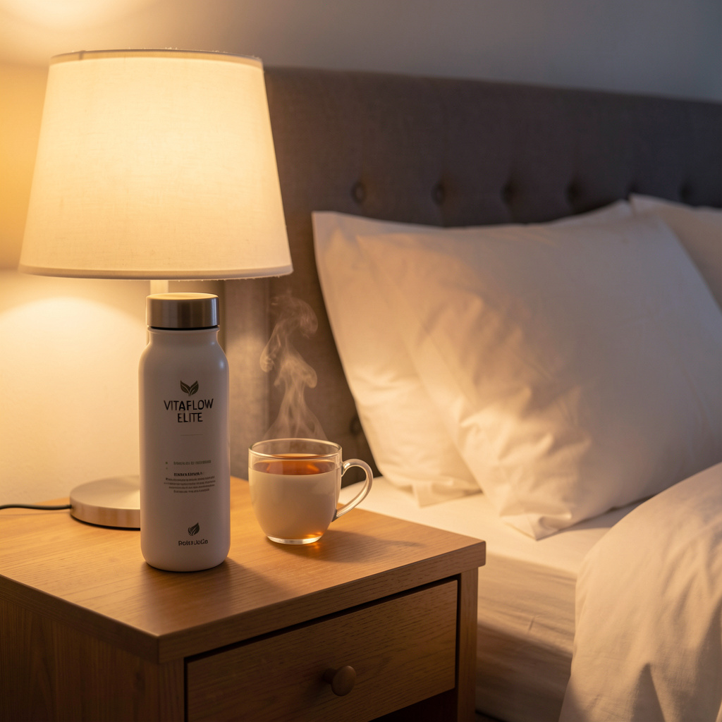Quazrelxphel bottle on a bedside table as part of a calm evening routine